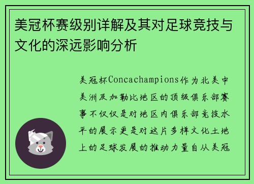美冠杯赛级别详解及其对足球竞技与文化的深远影响分析